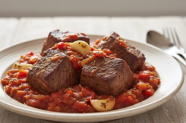 Carne na pressão com pimentão e tomate