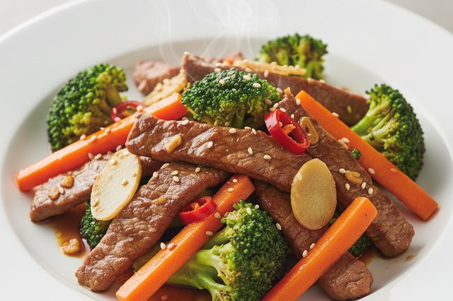 Carne salteada com brócolis cenoura e gengibre