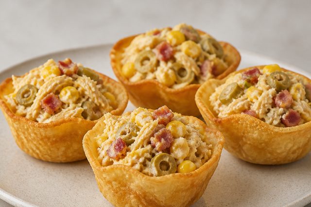 Cestinhas fritas de frango com bacon e milho