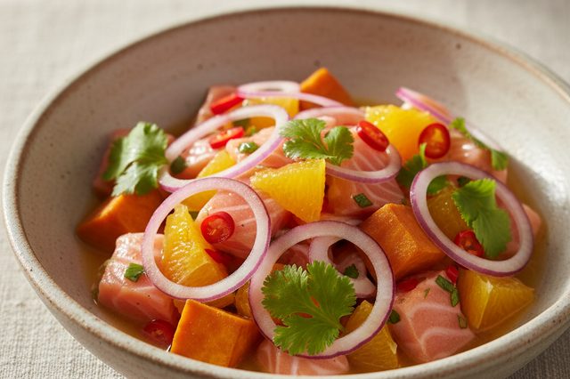 Ceviche de salmão com laranja e batata-doce