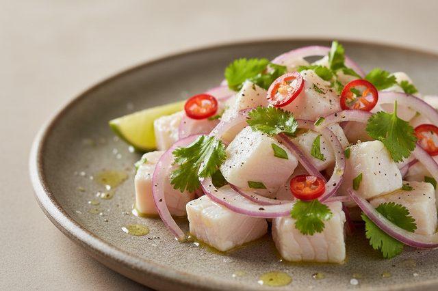 Ceviche de tilápia com cebola roxa