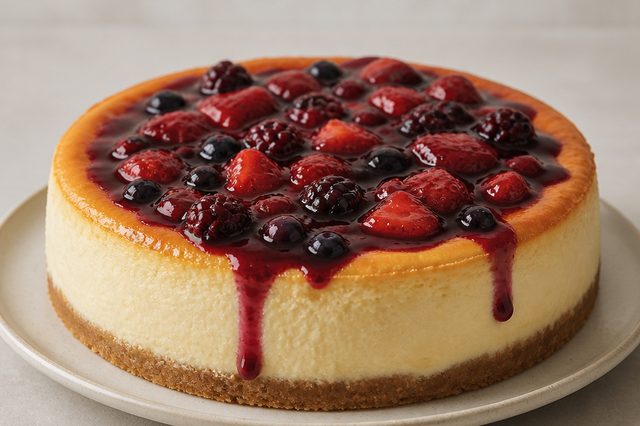 Cheesecake assado com calda de frutas vermelhas