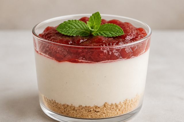 Cheesecake no copo com whey e cobertura de goiabada
