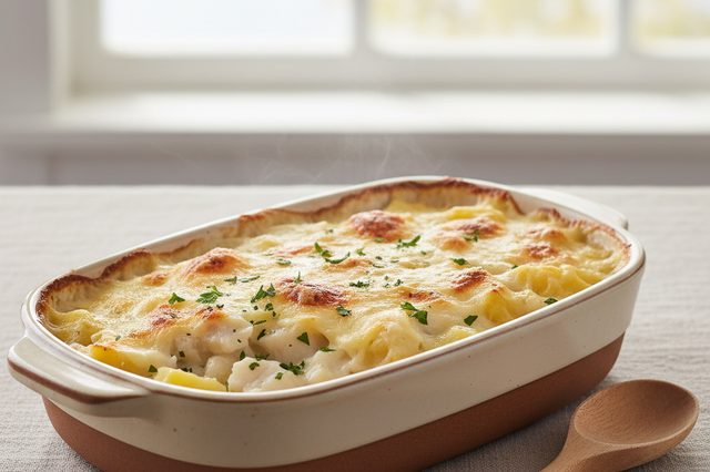 Cherne gratinado com batata e molho branco