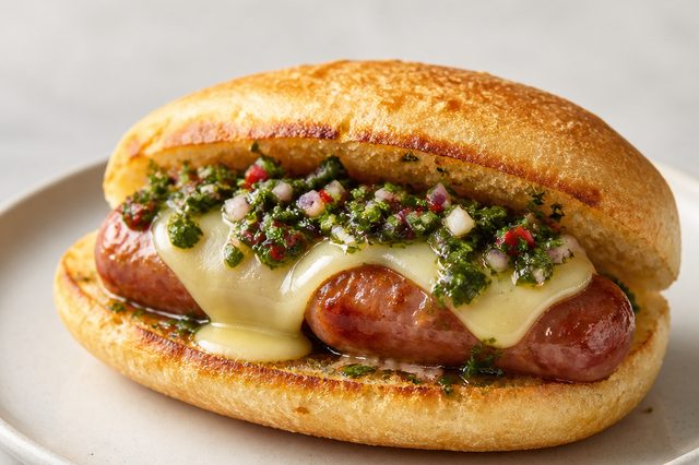 Choripán com queijo e chimichurri de ervas frescas