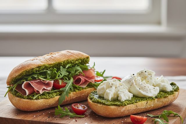 Ciabatta de burrata com pesto e presunto cru