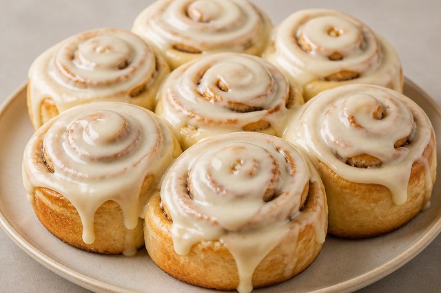 Cinnamon rolls com cobertura de cream cheese e açúcar