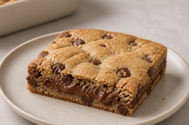 Cookie de travessa com três ovos e recheio de creme de avelã