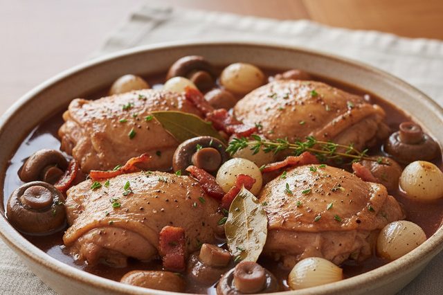 Coq au vin com cogumelos e bacon
