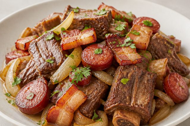 Costela bovina na pressão com cebola, bacon e calabresa