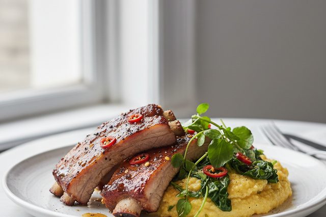 Costela suína com polenta e agrião