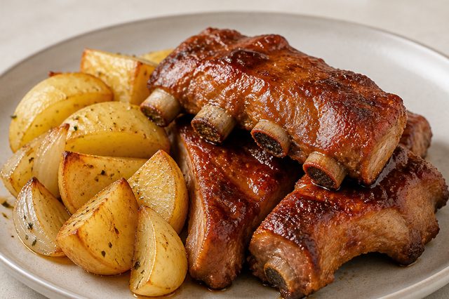 Costelinha ao vinho e barbecue com batatas assadas
