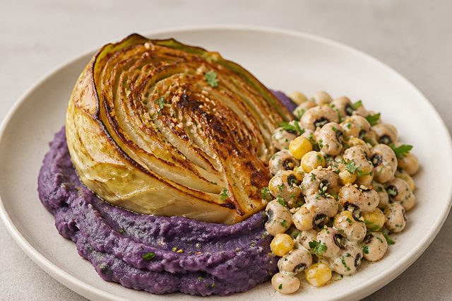 Couve assada com purê de batata-doce roxa e salada de feijão-fradinho