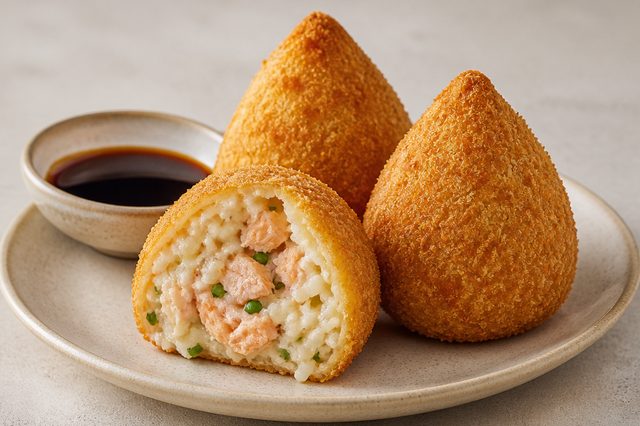 Coxinha crocante de sushi com salmão
