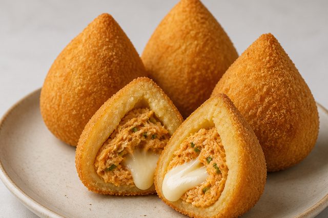 Coxinha de batata recheada com sobrecoxa e requeijão