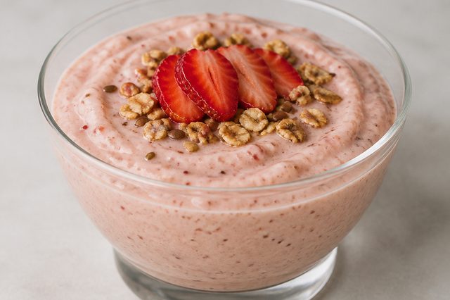 Creme de banana com morangos e linhaça