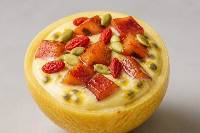 Creme gelado de maracujá com goiaba caramelizada