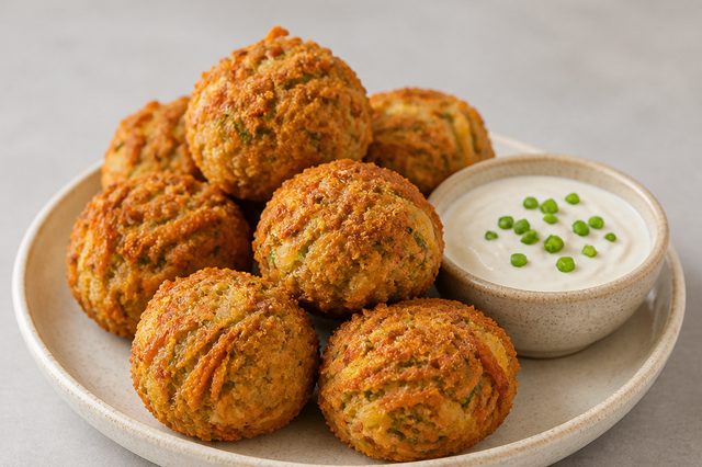 Croquetes de batata e cenoura com molho de iogurte de soja