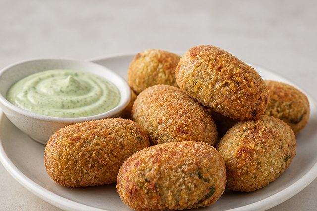 Croquetes de proteína de soja com maionese de coentro