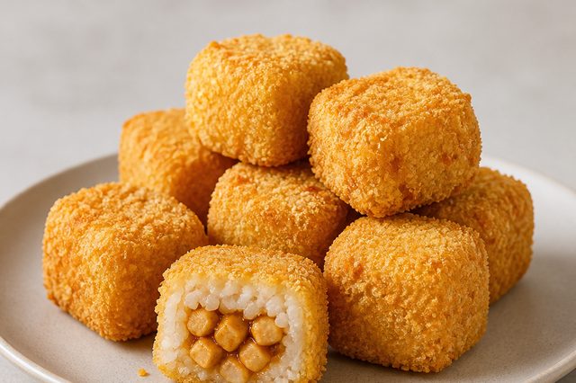 Cubos crocantes de arroz com tofu empanado