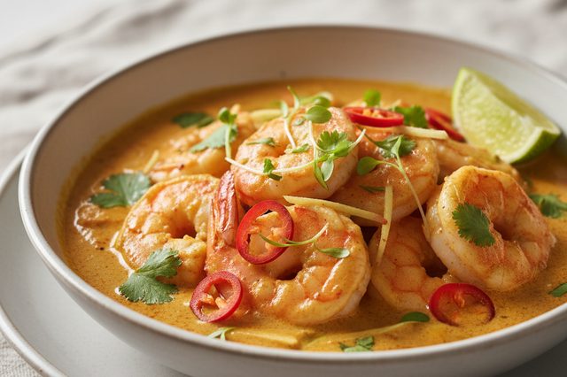 Curry de camarão com gengibre e leite de coco