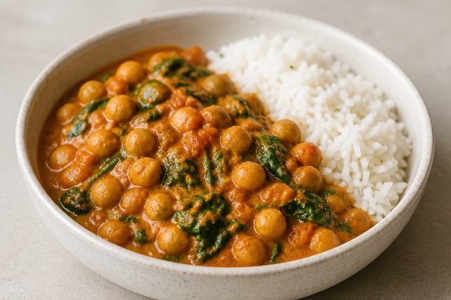 Curry vegano de grão-de-bico com leite de coco e espinafre