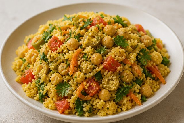 Cuscuz de milho com grão-de-bico e legumes