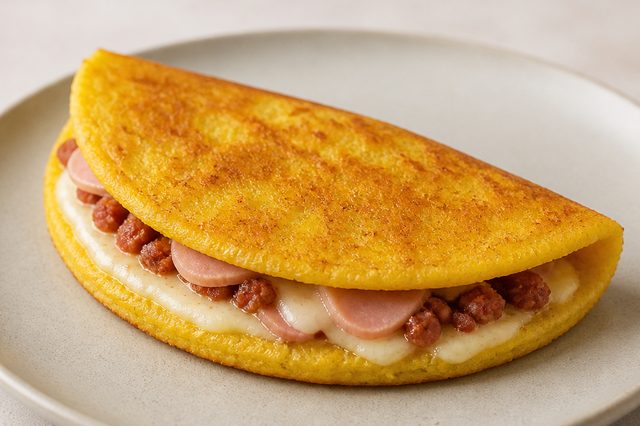 Cuscuz recheado de frigideira com calabresa e queijo
