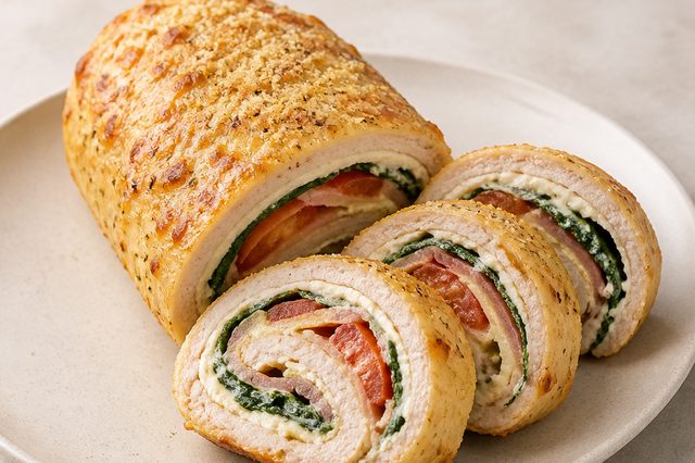 Enrolado de frango moído com cream cheese e espinafre