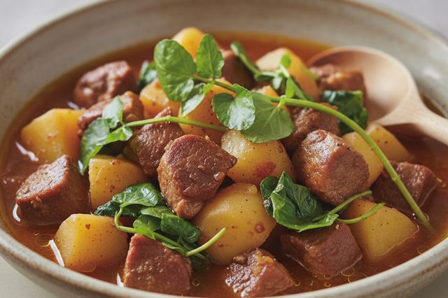 Ensopado de patinho com batata e agrião