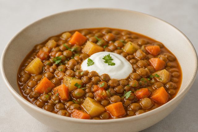 Ensopado vegano de lentilha com legumes