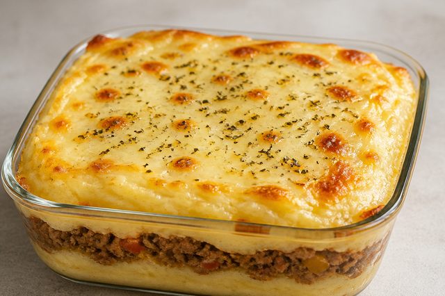 Escondidinho de carne com purê de banana-da-terra