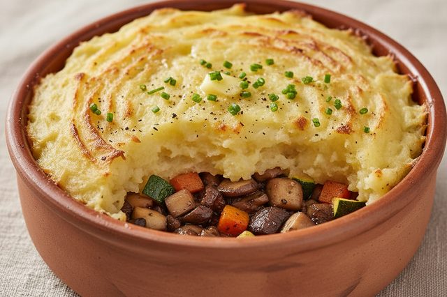 Escondidinho de cogumelos com purê de batata