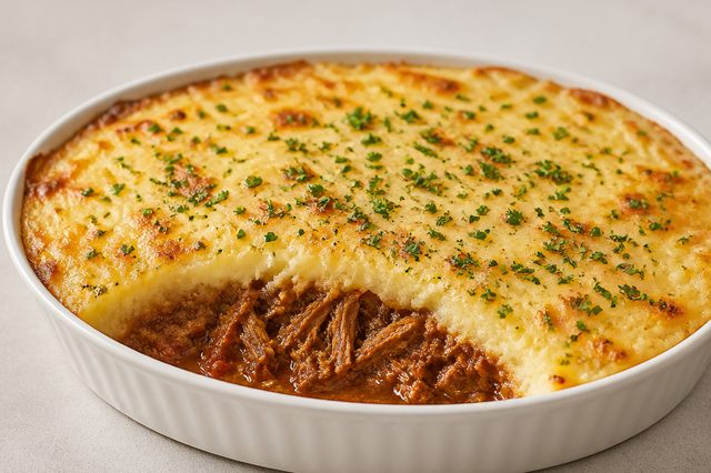 Escondidinho de costela com purê de mandioca e ervas