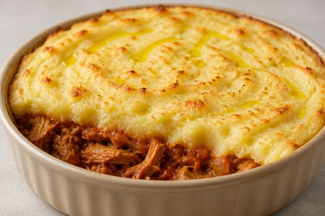 Escondidinho vegano de casca de banana com purê de batata