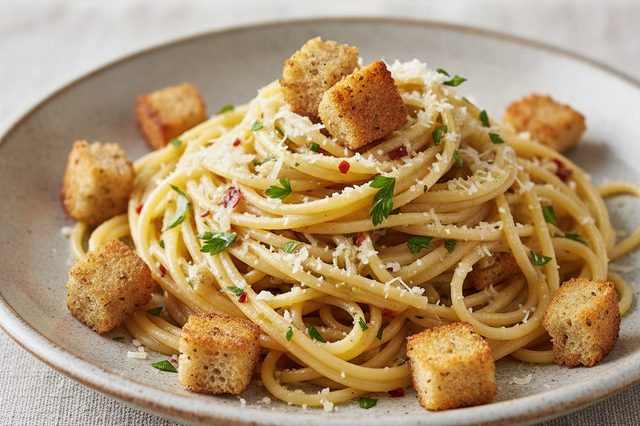 Espaguete alho e óleo com croutons