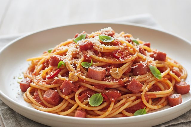 Espaguete ao tomate com bacon e pimenta