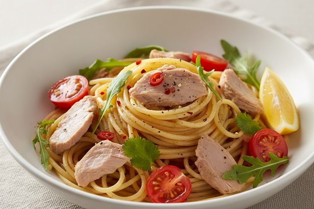 Espaguete com atum confitado e tomate-cereja