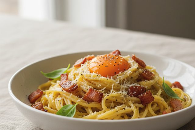 Espaguete com bacon e creme de gemas