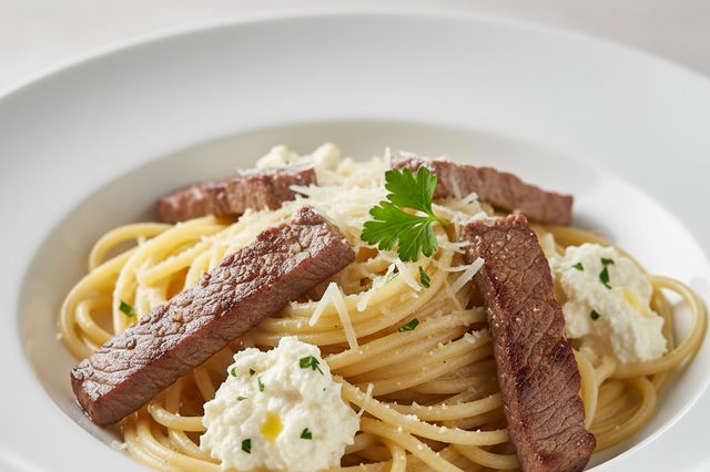 Espaguete com filé-mignon e creme de cottage