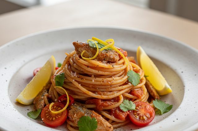 Espaguete com sardinha e limão-siciliano