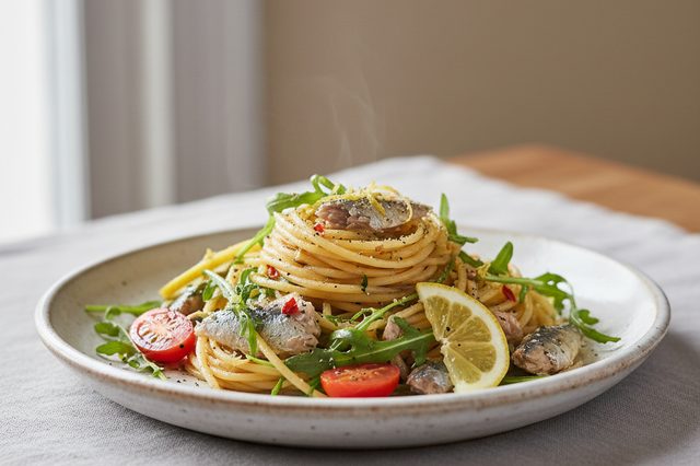 Espaguete com sardinha rúcula e limão