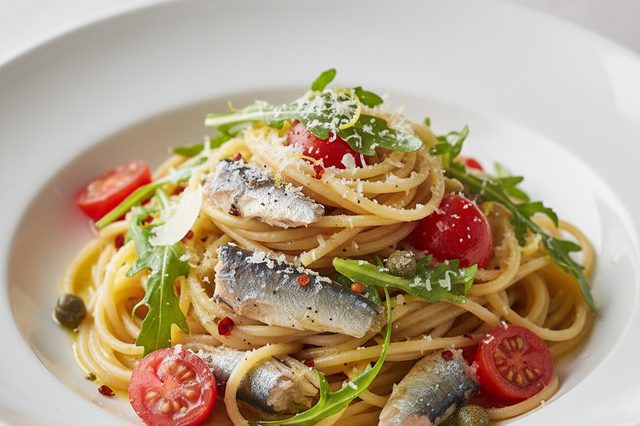 Espaguete com sardinha tomate e rúcula