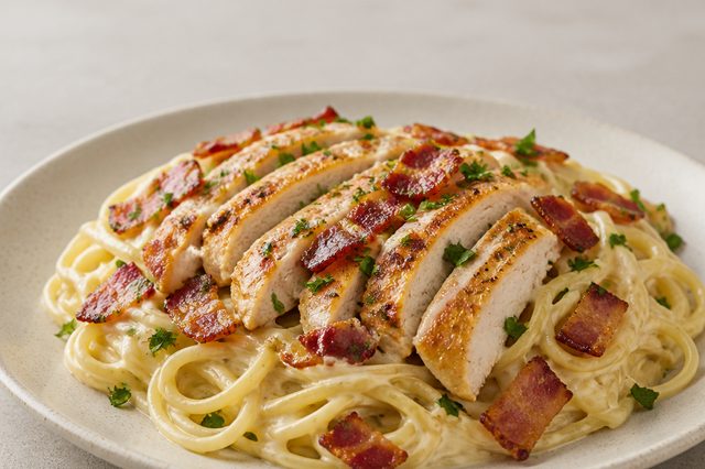 Espaguete cremoso com frango dourado e bacon