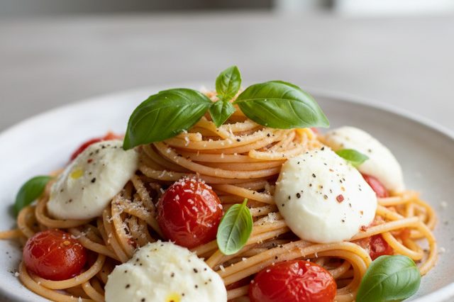 Espaguete de uma panela com tomate e mussarela