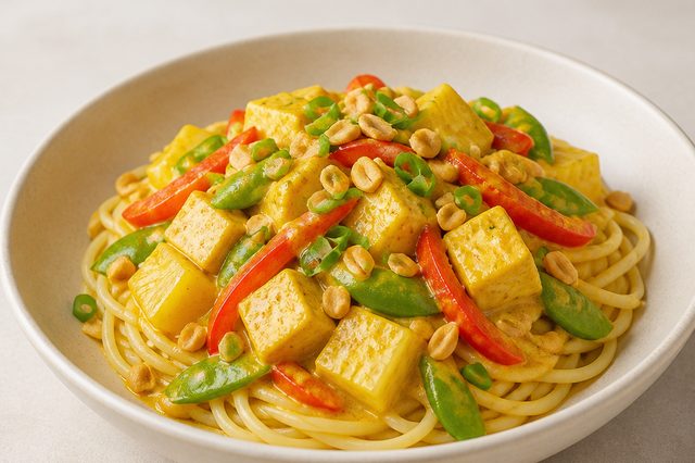 Esparguete com caril de tofu e abacaxi