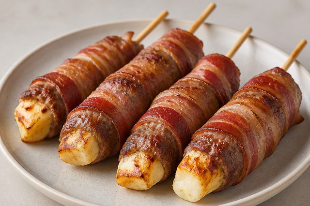 Espetinhos de carne moída com queijo coalho e bacon