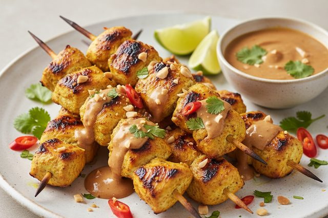 Espetinhos de frango ao curry com molho de amendoim
