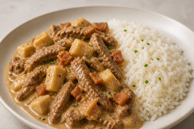 Estrogonofe de filé-mignon com palmito e arroz