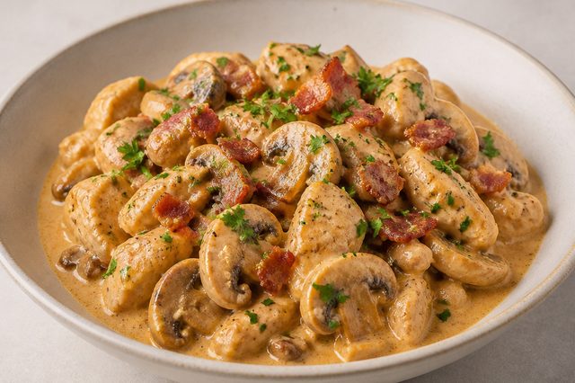 Estrogonofe de frango com bacon champignon e molho inglês